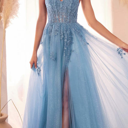 Ladivine C148 Long Strapless Lace and Tulle Glitter A-Line Ballgown