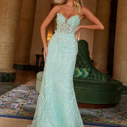Nox Anabel C1599 Strapless Beaded Tulle Dress with Lace-Up Back