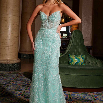 Nox Anabel C1599 Strapless Beaded Tulle Dress with Lace-Up Back