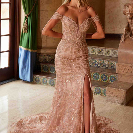 Nox Anabel C1600 Off the Shoulder Fully Beaded Long Train Dress