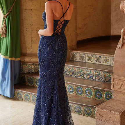 Nox Anabel C1616 Beaded Tulle Lace-Up Dress with Slit
