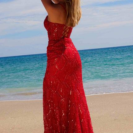 Nox Anabel C1616 Beaded Tulle Lace-Up Dress with Slit