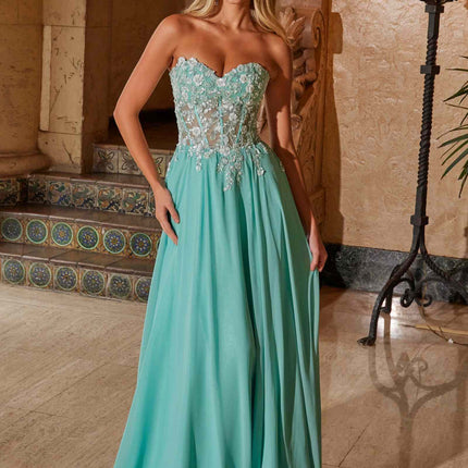 Nox Anabel C1617 Strapless Applique Corset with Chiffon Skirt Dress