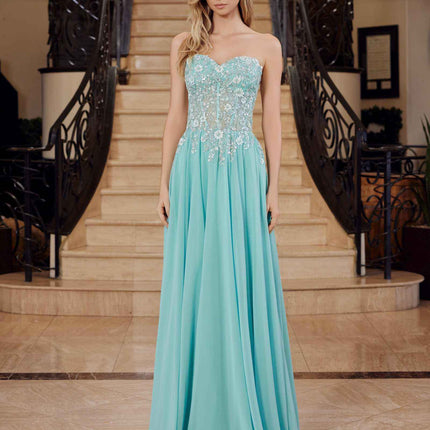 Nox Anabel C1617 Strapless Applique Corset with Chiffon Skirt Dress