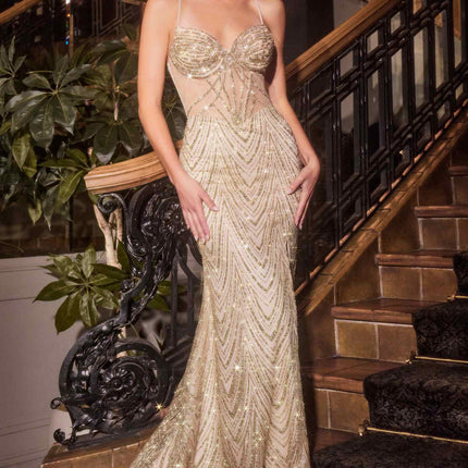 Ladivine C163 Dress Fitted Glitter Printed Gown
