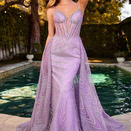 Ladivine C167 Dress Glitter Printed Fitted Gown With Overskirt