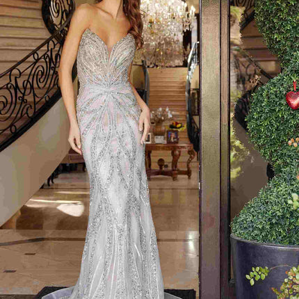 Nox Anabel C1833 Strapless Beaded Gown With Peaked Neckline Prom Gown