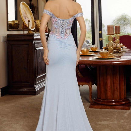 Nox Anabel C1845 Fitted Off Shoulder Embellished Shimmer Jersey Prom Gown