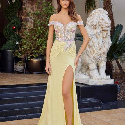 Nox Anabel C1845 Fitted Off Shoulder Embellished Shimmer Jersey Prom Gown
