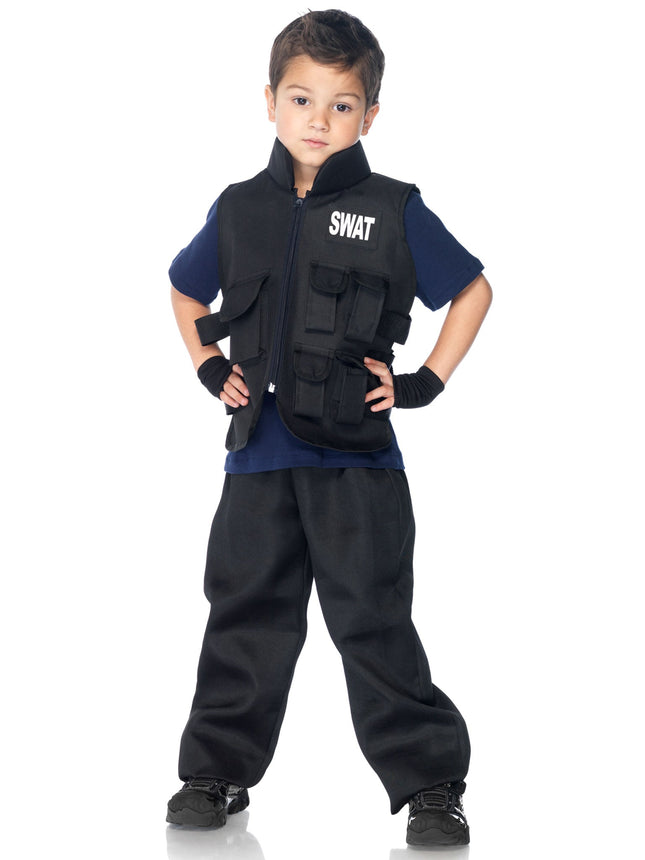 Boy’s 2 PC SWAT Commander Costume, Includes Utility Vest and Fingerless Gloves - Black - LARGE