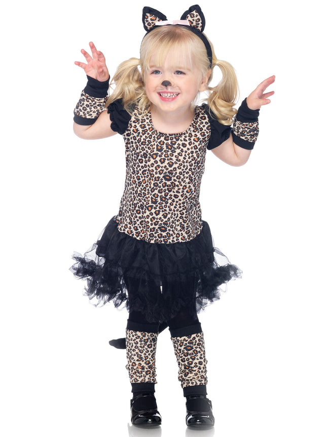 Girl’s 5 PC Little Leopard Costume, Includes Petticoat Dress, Arm Warmers, Leg Warmers, Tail, and Ears - Leopard - MEDIUM