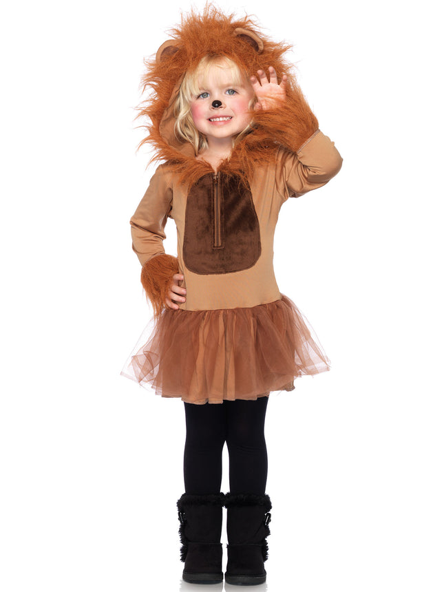 Girl’s 1 PC Cuddly Lion Costume, Includes Zipper Front Petticoat Dress With Attached Tail and Furry Lion Mane Hood - Brown - MEDIUM
