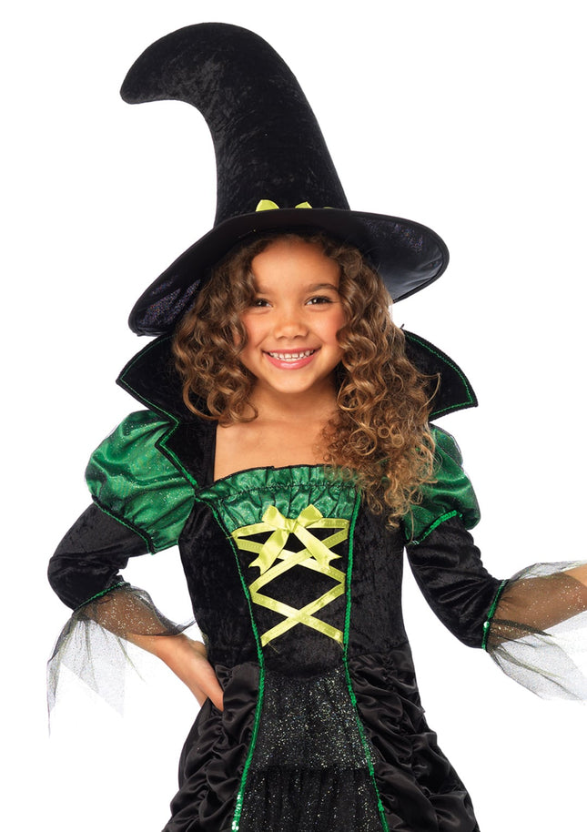 Girl’s 2 PC Storybook Witch Costume, Includes long ruched dress with layered glitter tulle and witch hat - Black/N.Gr - SMALL