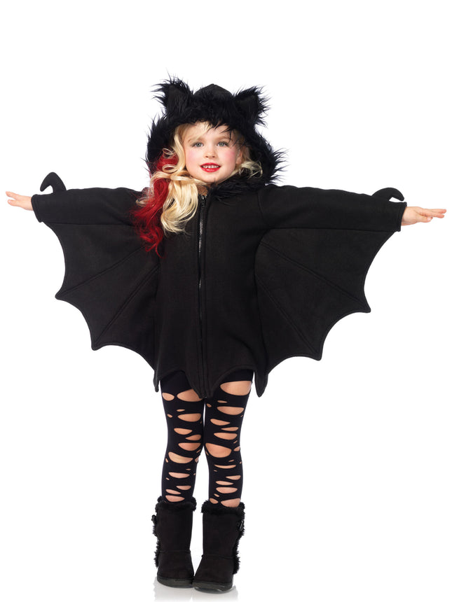 Girl’s 1 PC Cozy Bat Costume, Includes Zipper Front Fleece Dress with Bat Wing Sleeves and Furry Ear Hood - Black - SMALL