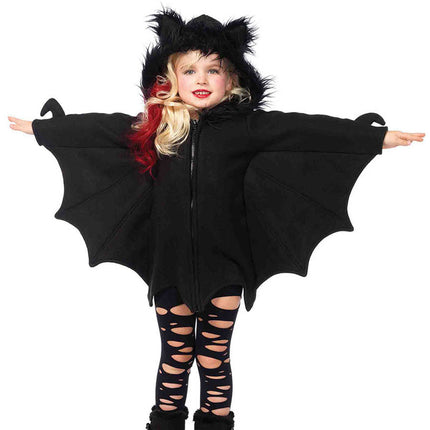 Girl’s 1 PC Cozy Bat Costume, Includes Zipper Front Fleece Dress with Bat Wing Sleeves and Furry Ear Hood - Black - LARGE
