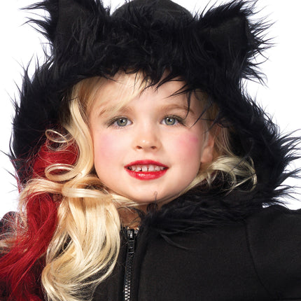Girl’s 1 PC Cozy Bat Costume, Includes Zipper Front Fleece Dress with Bat Wing Sleeves and Furry Ear Hood - Black - LARGE