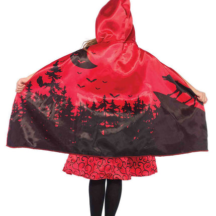 Girl’s 2 PC Storybook Riding Hood Costume, Includes Peasant Dress and Hooded Cape with Illustration Back Detail - Red/Black - XS