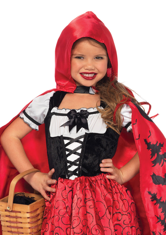 Girl’s 2 PC Storybook Riding Hood Costume, Includes Peasant Dress and Hooded Cape with Illustration Back Detail - Red/Black - XS
