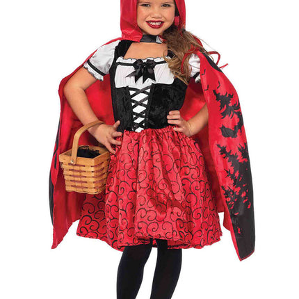 Girl’s 2 PC Storybook Riding Hood Costume, Includes Peasant Dress and Hooded Cape with Illustration Back Detail - Red/Black - XXS