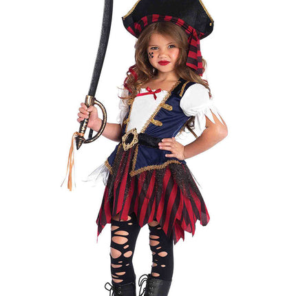 Girl’s 2 PC Caribbean Pirate Costume, Includes Dress with Attached Belt and Pirate Hat - Multicolor - MEDIUM
