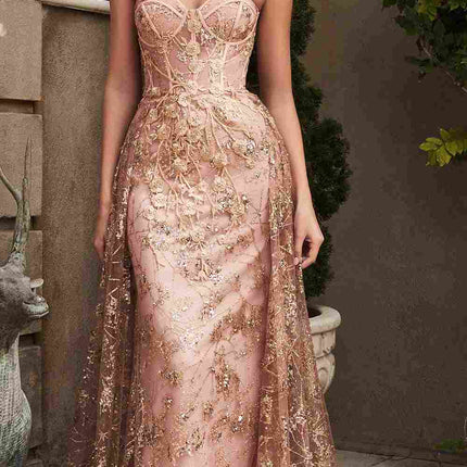 Cinderella Divine CB046W Strapless Gown Floral Applique Glitter Tulle Overskirt