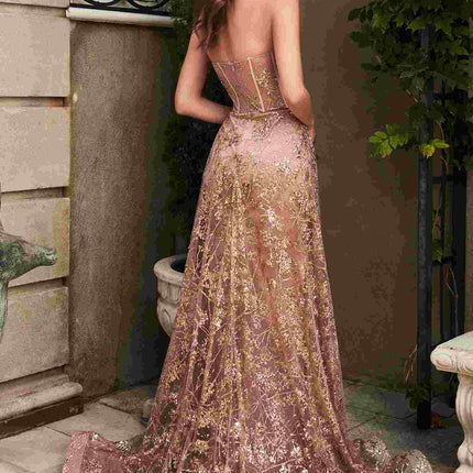 Cinderella Divine CB046W Strapless Gown Floral Applique Glitter Tulle Overskirt