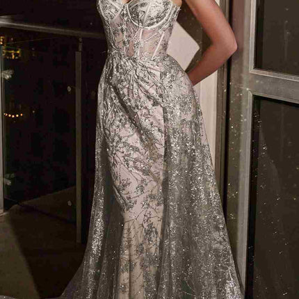 Ladivine CB046 Strapless Fitted Gown Floral Applique And Glitter Tulle Overskirt