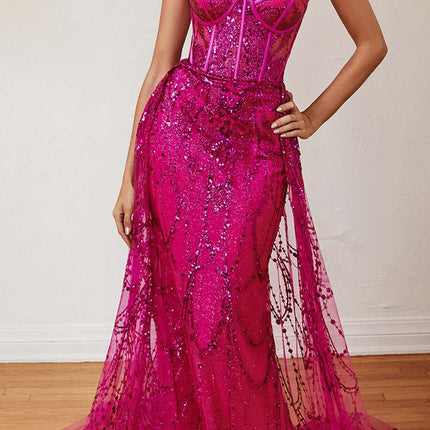 Cinderella Divine CB095 Strapless Lace Fitted Gown with Over Skirt