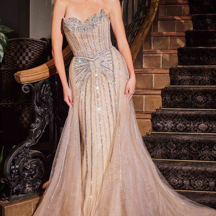Ladivine CB158 Strapless Crystal Embellished Gown With Overskirt