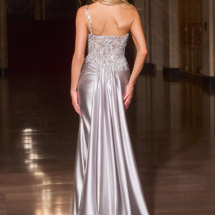 Ladivine CC0329 Fitted Sculpted Illusion Bodice Satin Skirt Dress