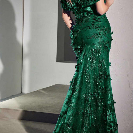 Cinderella Divine CC2164 Long Off The Shoulder 3D Applique Floral Gown