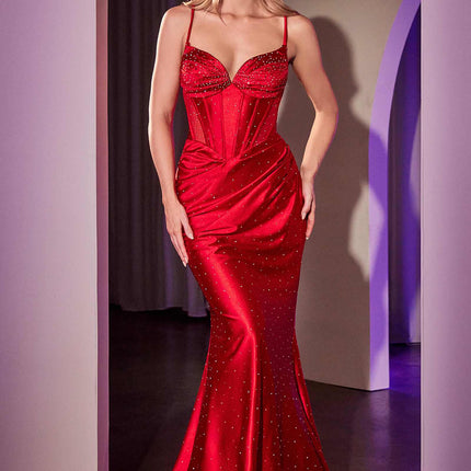 Ladivine CC4021 Dress Fitted Stretch Satin Hot Stone Gown