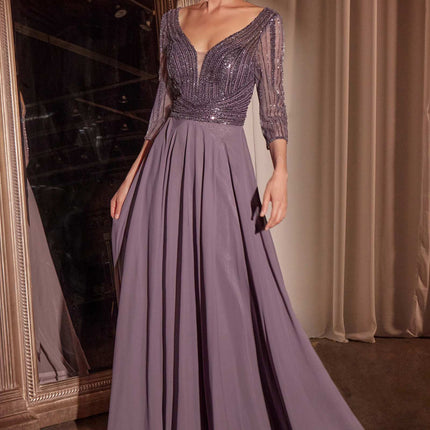 Ladivine CC446 Three Quarter Sleeve Beaded Chiffon Dress