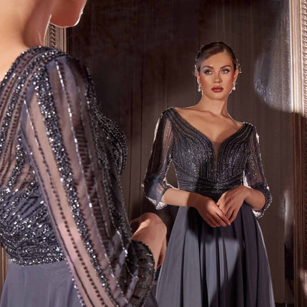 Ladivine CC446 Three Quarter Sleeve Beaded Chiffon Dress