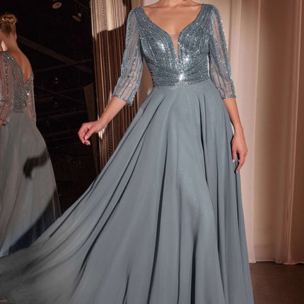 Ladivine CC446 Three Quarter Sleeve Beaded Chiffon Dress