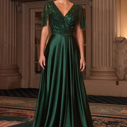 Ladivine CC447 Flutter Sleeves V-Neckline A-Line Satin Evening Gown