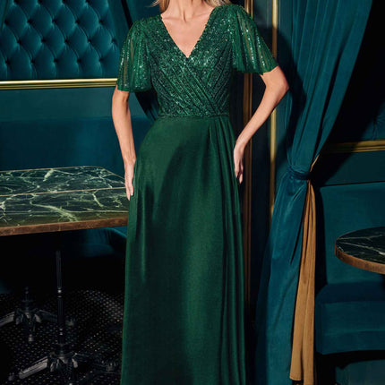 Ladivine CC447 Flutter Sleeves V-Neckline A-Line Satin Evening Gown