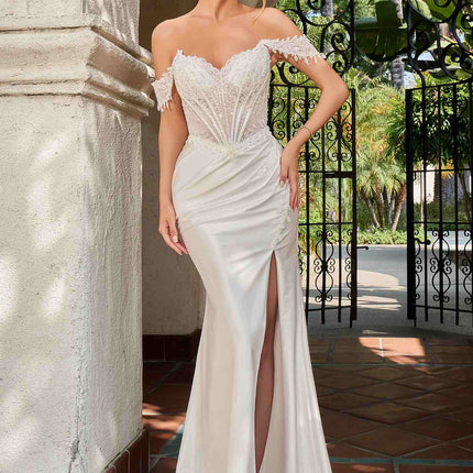 Ladivine CC456W Glitter Satin Strech Fitted Off White Evening Gown