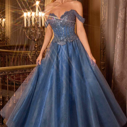 Ladivine CC471 Off Shoulder Glitter Tulle Corset Bodice A-line Ball Gown