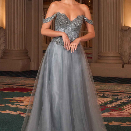 Ladivine CC471 Off Shoulder Glitter Tulle Corset Bodice A-line Ball Gown