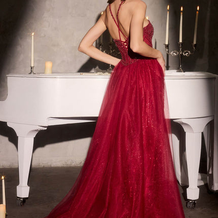Ladivine CC495 Halter Neckline Beaded Motif Fitted Gown