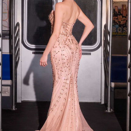 Ladivine CC8262 Crystal Adorned Sheer Bodice Strapless Fitted Mermaid Gown