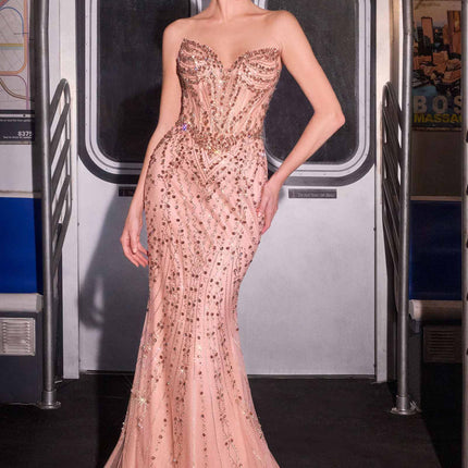 Ladivine CC8262 Crystal Adorned Sheer Bodice Strapless Fitted Mermaid Gown