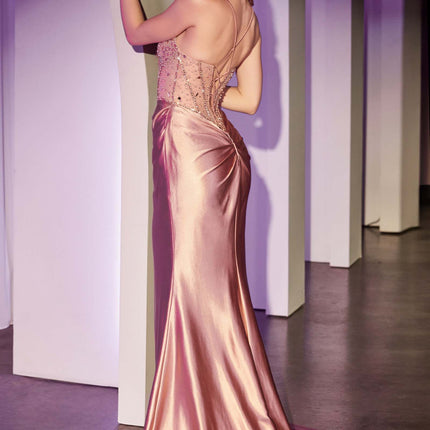 Ladivine CC8884 Dress Fitted Rose Gold Satin Gown With Beaded Bodice