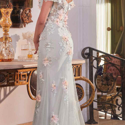 Ladivine CD005 Long Off the Shoulder Leg Slit Floral Applique Gown