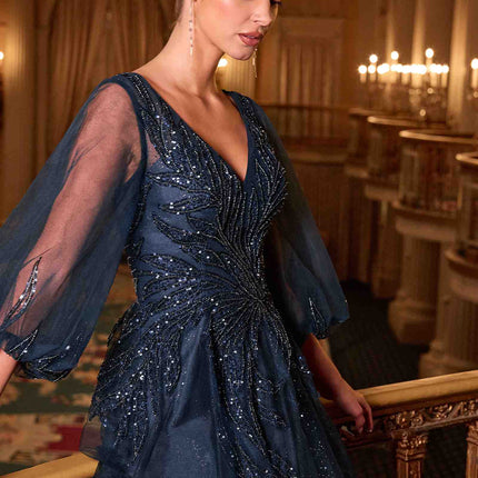 Ladivine CD0101 V-Neckline Long Sleeves Layered Tulle Skirt A-Line Gown