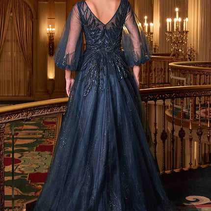 Ladivine CD0101 V-Neckline Long Sleeves Layered Tulle Skirt A-Line Gown