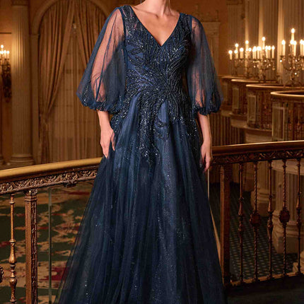 Ladivine CD0101 V-Neckline Long Sleeves Layered Tulle Skirt A-Line Gown