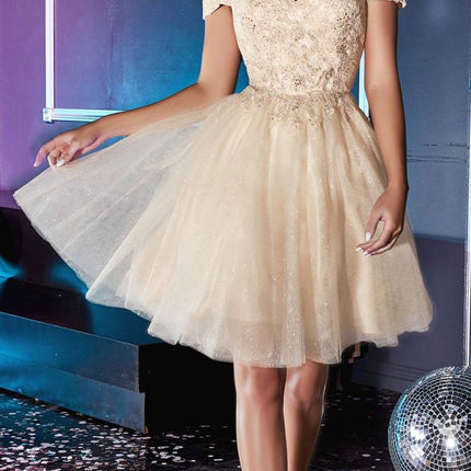Cinderella Divine CD0132 Short A-Line Dress Off The Shoulder Glitter Tulle Skirt