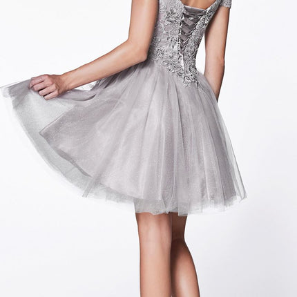 CLEARANCE - Cinderella Divine CD0132 Short A-Line Dress Off Shoulder Glitter Tulle Skirt (Size S)